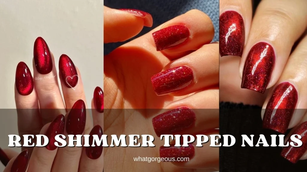 11. Red Shimmer Tipped Nails whatgorgeous.com