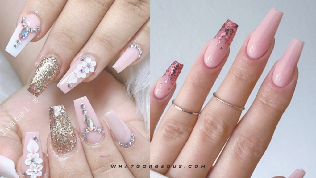 Elegant Pink Coffin Nails with Diamonds whatgorgeous.com