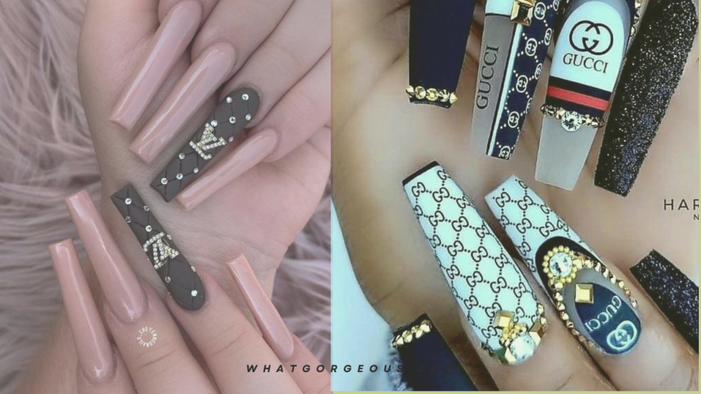 "Close-up of stylish Gucci coffin nails with silver studs for a chic and trendy look."