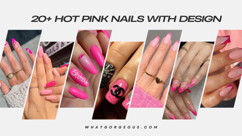 A photo description for "Hot Pink Nails With Design" could be: "A vibrant collection of hot pink nails showcasing various stylish designs, from pretty florals to trendy geometric shapes.