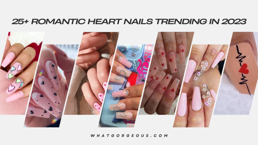 A beautiful manicure featuring heart-shaped designs on a colorful background, creating a sweet and romantic nail art look that adds a touch of love to your fingertips.