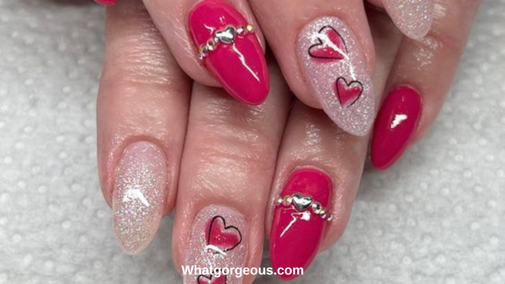 6. Short Light Pink Nails with Dazzling Red Hearts whatgorgeous.com