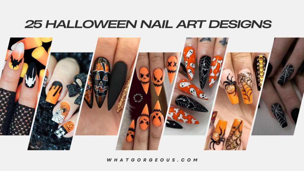 
"Image: Collage of 25 Halloween nail art designs. Spooky pumpkins, cute ghosts, and creepy patterns add festive flair to nails, perfect for the Halloween season."