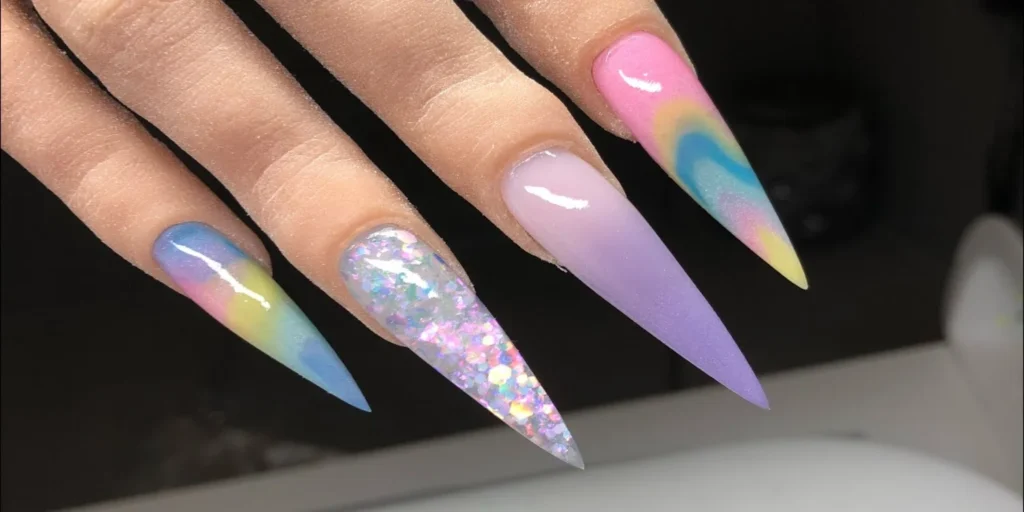 "Cute stiletto acrylic nails ideas" include trendy designs like ombre fades, glitter accents, and geometric patterns, creating stylish and bold looks for your nails.