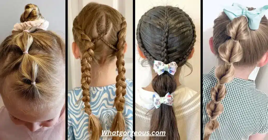 "Two girls showcasing the cutest hairstyles for girls, featuring braids and ribbons."