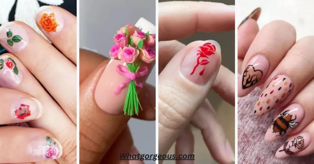 
A close-up image of beautifully manicured hands featuring detailed rose nail art on each fingernail, showcasing a mix of vibrant colors and delicate floral patterns.