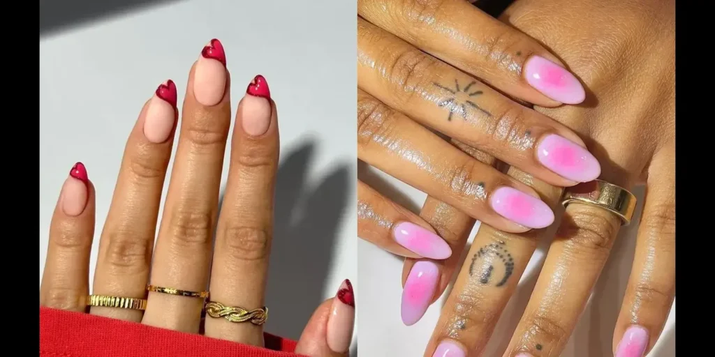 Photo of a variety of pretty spring Nails designs featuring intricate patterns and vibrant colors on a display board at a salon.